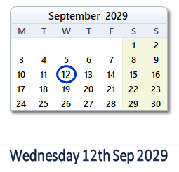 12 September 2029 calendar