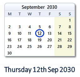 12 September 2030 calendar