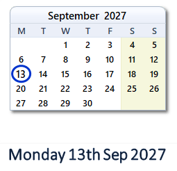 13 September 2027 calendar