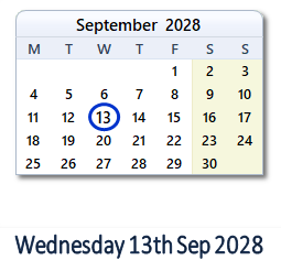 13 September 2028 calendar