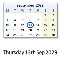 13 September 2029 calendar