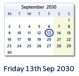 13 September 2030 calendar