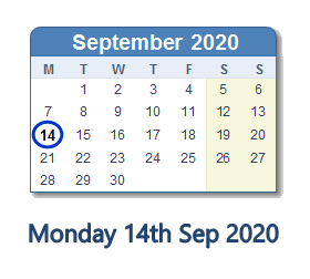 14 September 2020 calendar