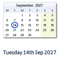 14 September 2027 calendar