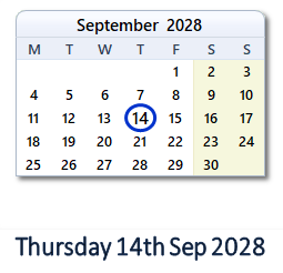 14 September 2028 calendar