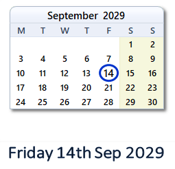 14 September 2029 calendar