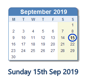 15 September 2019 calendar