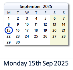 15 September 2025 calendar