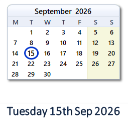 15 September 2026 calendar