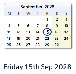 15 September 2028 calendar