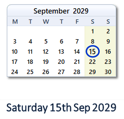 15 September 2029 calendar