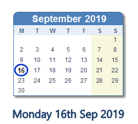 16 September 2019 calendar