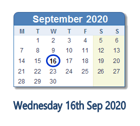 16 September 2020 calendar
