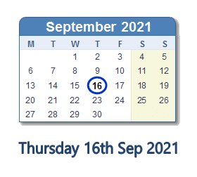 16 September 2021 calendar