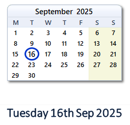 16 September 2025 calendar
