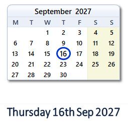 16 September 2027 calendar