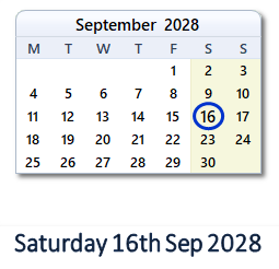 16 September 2028 calendar