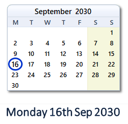 16 September 2030 calendar