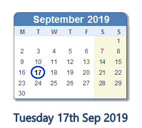 17 September 2019 calendar