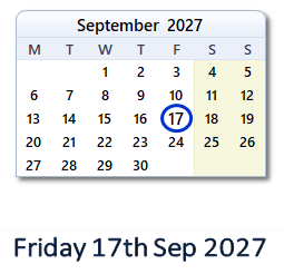 17 September 2027 calendar