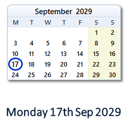 17 September 2029 calendar