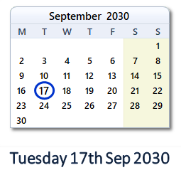 17 September 2030 calendar