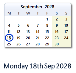 18 September 2028 calendar