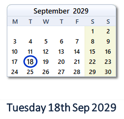 18 September 2029 calendar