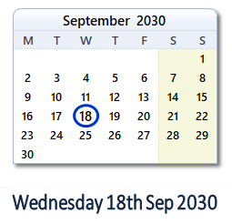 18 September 2030 calendar