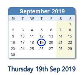 19 September 2019 calendar