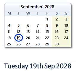 19 September 2028 calendar