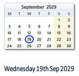 19 September 2029 calendar