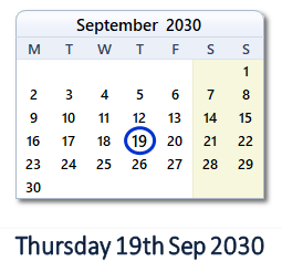 19 September 2030 calendar