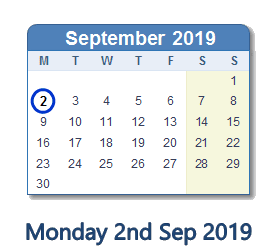 2 September 2019 calendar