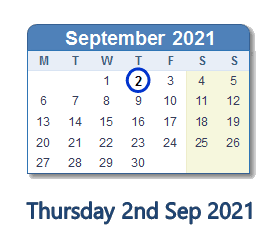 2 September 2021 calendar