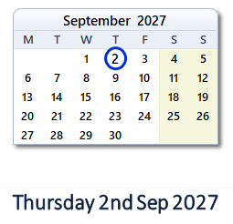 2 September 2027 calendar