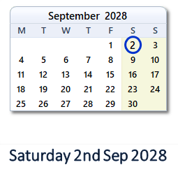 2 September 2028 calendar