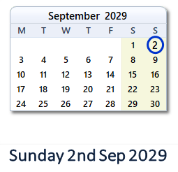 2 September 2029 calendar
