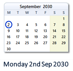 2 September 2030 calendar