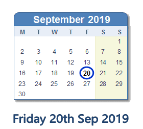 20 September 2019 calendar