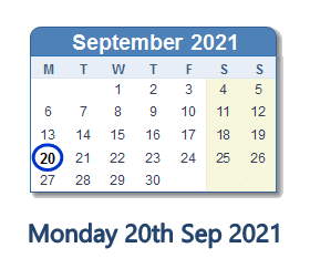 20 September 2021 calendar