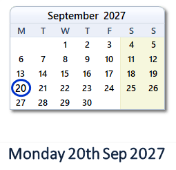 20 September 2027 calendar