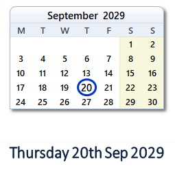 20 September 2029 calendar