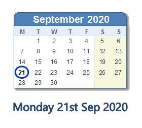 21 September 2020 calendar