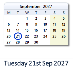 21 September 2027 calendar