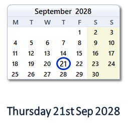 21 September 2028 calendar
