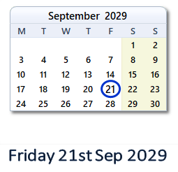 21 September 2029 calendar