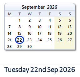 22 September 2026 calendar