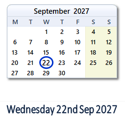 22 September 2027 calendar
