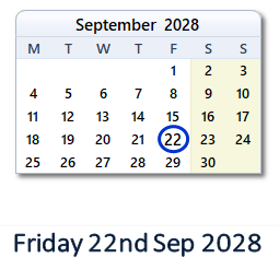 22 September 2028 calendar